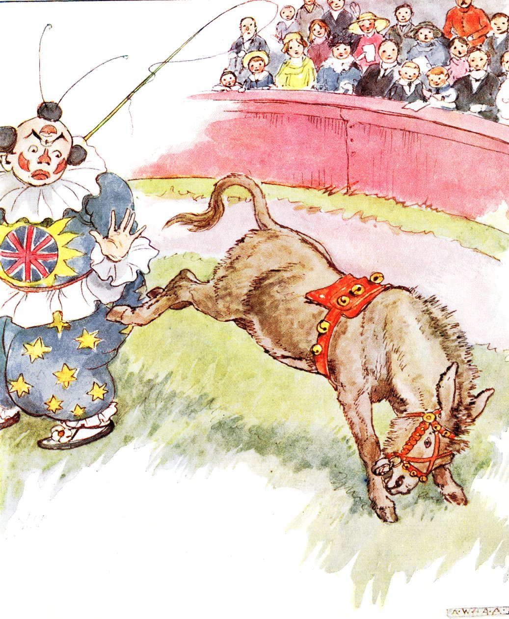 „Ten klaun byl dnes tak hloupý – kopl jsem ho docela tvrdě“, ilustrace z „The Naughty Neddy Book“, vydané nakladatelstvím Thomas Nelson und Sons, 20. léta od Anne Anderson