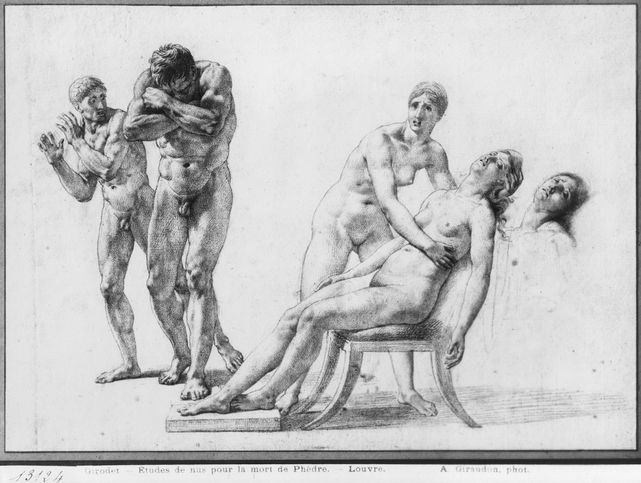 Smrt Phaedry, přípravný náčrt pro ilustraci Racinových kompletních děl, V. dějství Scéna VII, vydáno 1801 (černá tužka na papíře) od Anne Louis Girodet de Roucy Trioson