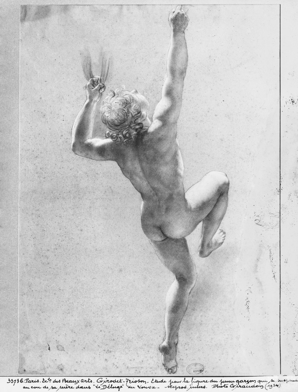 Povodňová scéna, studie nahého chlapce (černá tužka a křída na šedém papíře) od Anne Louis Girodet de Roucy Trioson