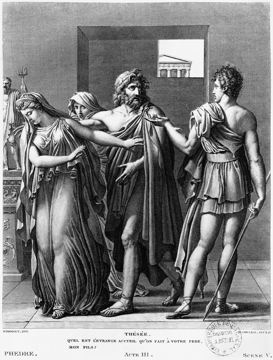 Phaedra, Theseus a Hippolytus, ilustrace z dějství III, scéna 5 z 
