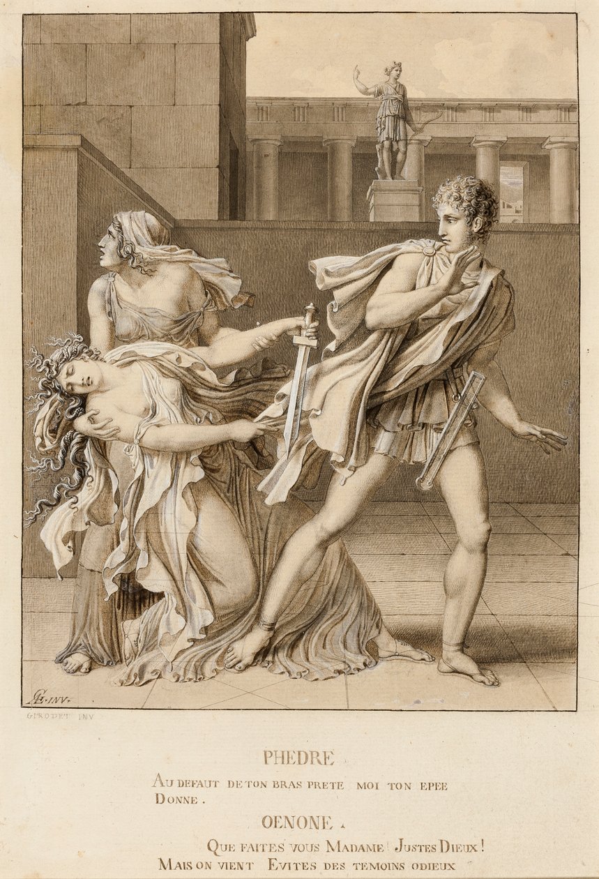 Phaedre, která deklarovala svou vášeň, se pokusila zabít Hippolytovým mečem od Anne-Louis Girodet de Roucy-Trioson