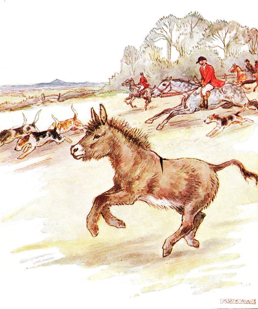 "Dnes jsem si užil svůj život. Po mém poli se proháněli muži v červených pláštích na koních a spousta psů", ilustrace z knihy "The Naughty Neddy Book", vydané nakladatelstvím Thomas Nelson und Sons, 20. léta 20. století (barevné provedení). od Anne Anderson