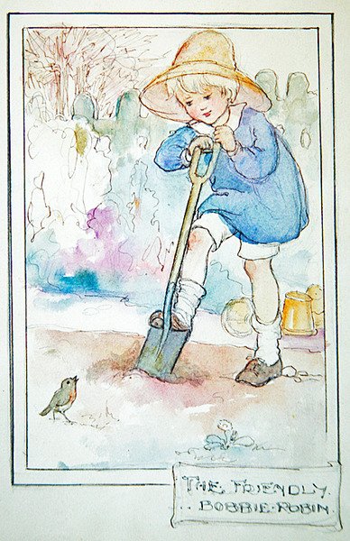 The Friendly Robbie Robin, cca 1916 (pero a inkoust s akvarelem a tužkou na papíře) od Anne Anderson