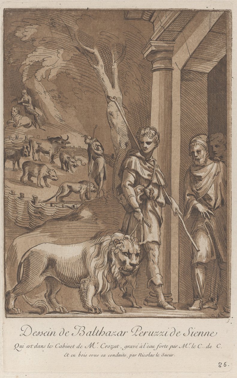 Pastýř držící lva na vodítku v popředí, uprostřed shi..., ca. 1729-64 od Anne Claude Philippe de