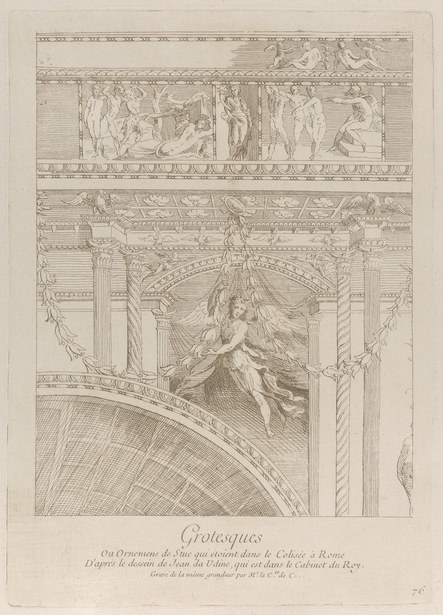 Grotesky: detail štukových reliéfů zdobících Koloseum v Římě, s křídlem..., ca. 1729. od Anne Claude Philippe de Caylus