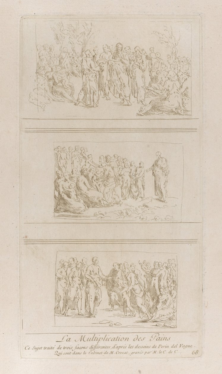 Tři samostatné studie o zázrakech chlebů, ukazující Krista stojícího v d..., ca. 1729-40. od Anne Claude Philippe de Caylus