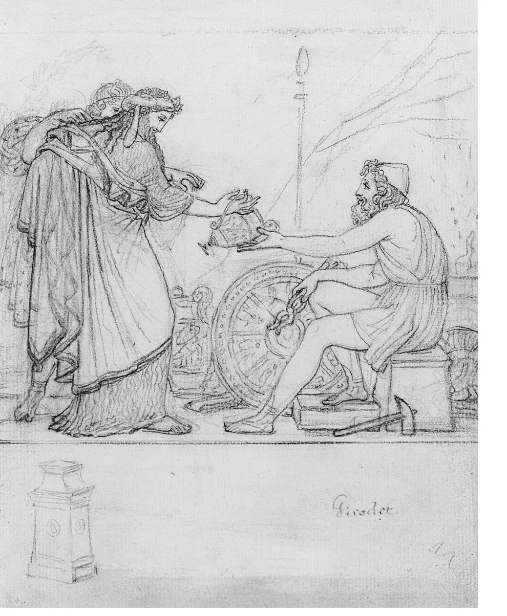 Anacreon dostává stříbrnou vázu od dvou stojících postav se studií stély: Ilustrace k Anacreonově Ódě XVII s nápisem „Girodet“ (černá křída na papíře) od Anne Louis Girodet de Roucy Trioson