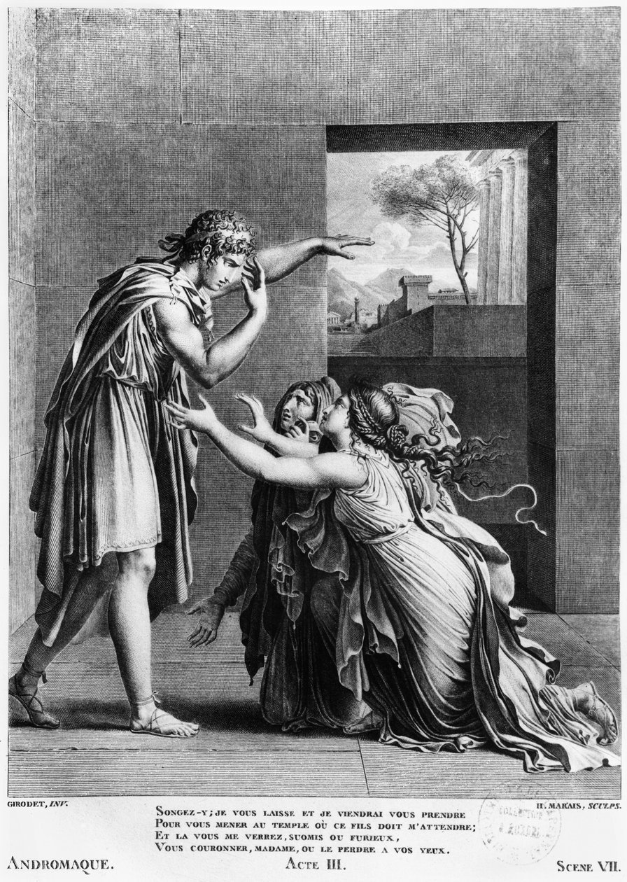 Andromacha u Pyrrhových nohou, ilustrace ze 7. scény III. dějství "Andromaky" od Jeana Racina (1639-99), vyryl Henri Marais (nar. asi 1768) od Anne Louis Girodet de Roucy Trioson