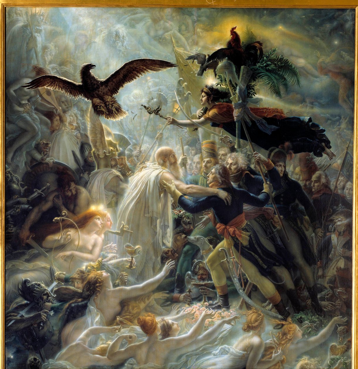Apoteóza francouzských hrdinů, kteří zemřeli za vlast během války Liberte, pocta Napoleonovi Bonaparte Allegorie představující barda Ossiana, skotského básníka 3. století čteného Napoleonem, který přivítal Ludvíka Charlese Antoina Desaix de Ve od Anne Louis Girodet de Roucy Trioson