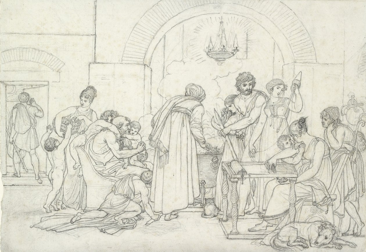 Rustikální interiér ve starověku (černá křída na bílém papíře s jemnou texturou) od Anne Louis Girodet de Roucy Trioson