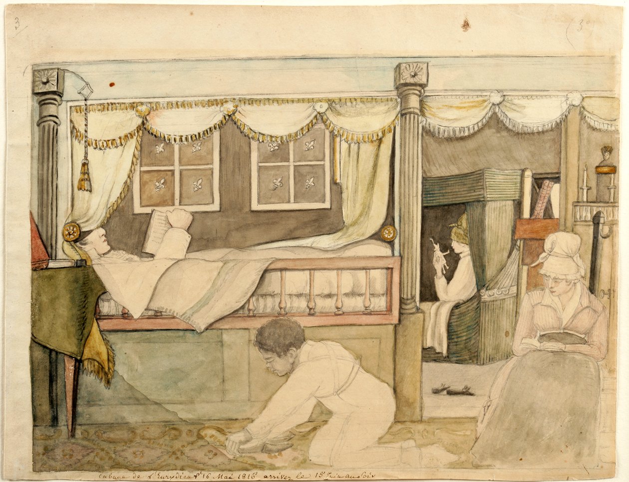 Kabina Hyde De Neuville na Eurydice, 1816 (akvarel, grafit a černý a hnědý inkoust na papíře, připevněno na kartě) od Anne Marguerite Hyde de Neuville