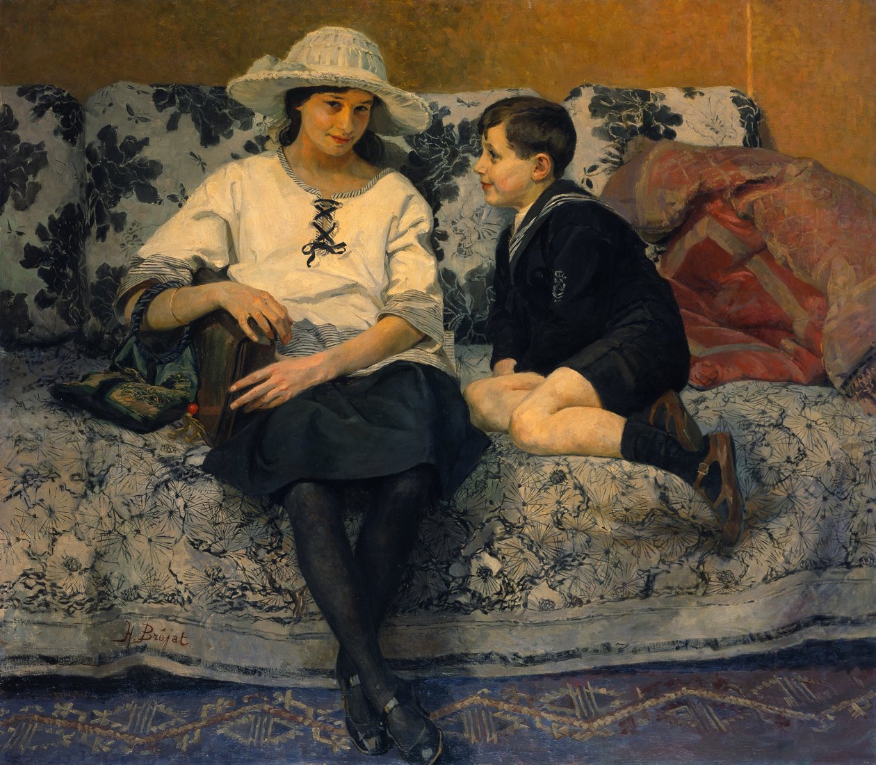 Mladá dívka a mladý chlapec na pohovce (olej na plátně) od Anne Marie Henriette Brejat