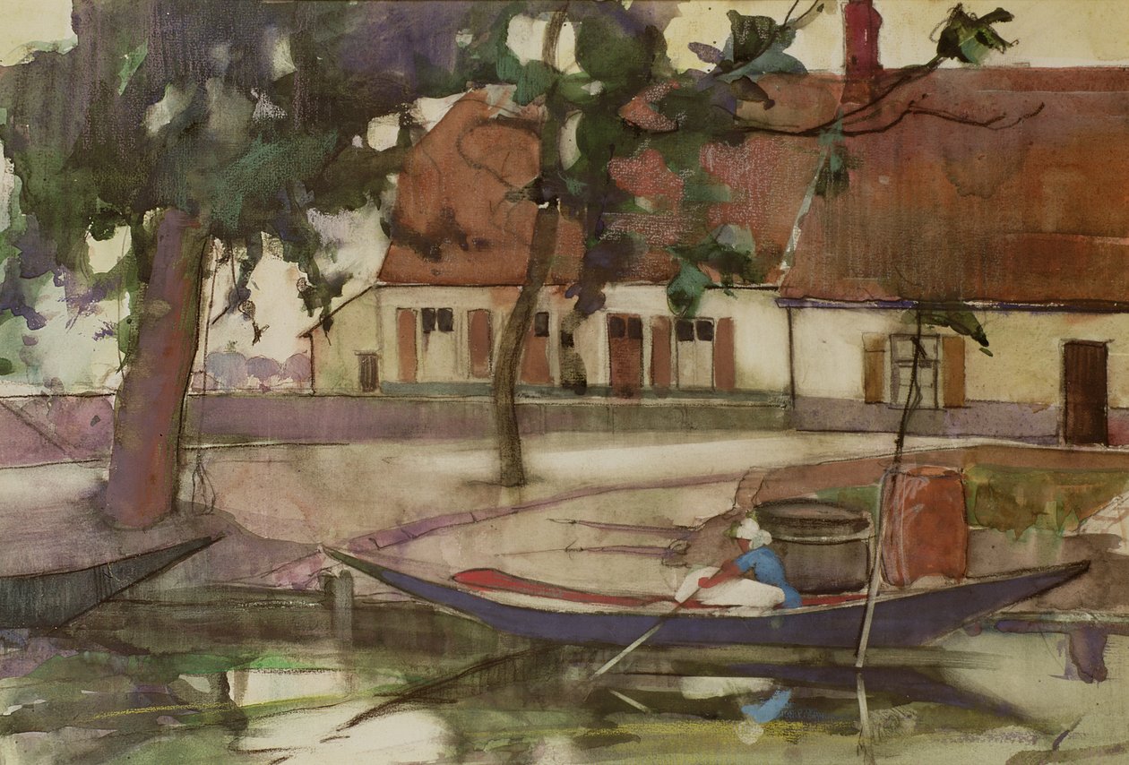 Loď na kanálu, francouzská vesnice od Anne Redpath