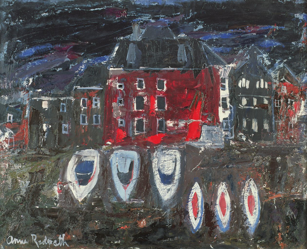 Boatyard, Amsterdam (olej na palubě) od Anne Redpath