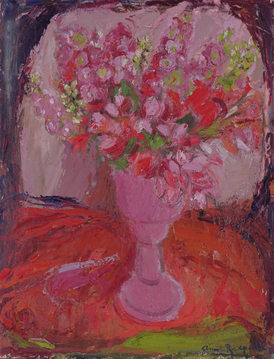 Růžové květy, cca 1948 (olej na palubě) od Anne Redpath
