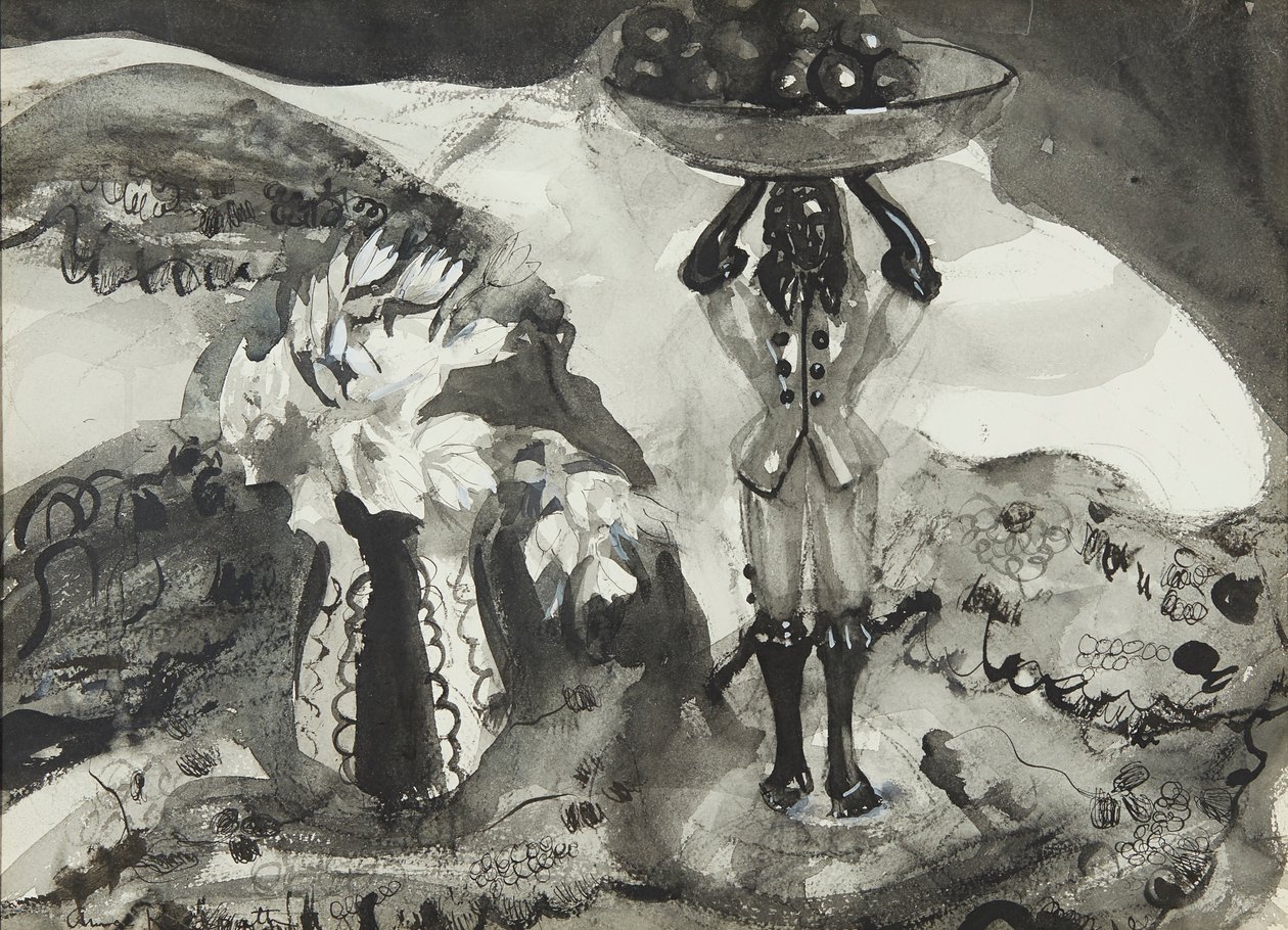 Zátiší s figurkou (černobílý akvarel) od Anne Redpath