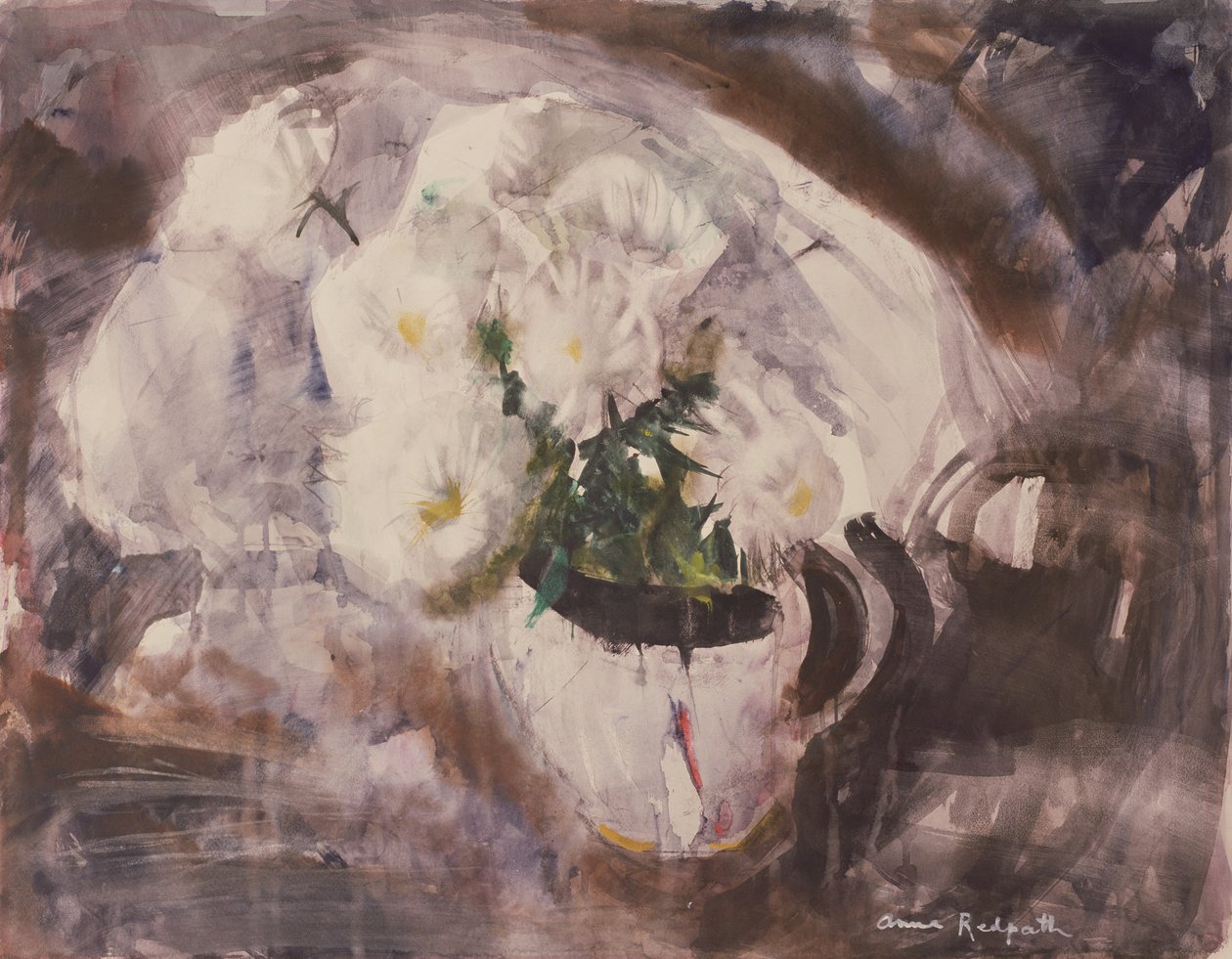 Bílé květy v bílém džbánu, cca 1960 (akvarel na papíře) od Anne Redpath