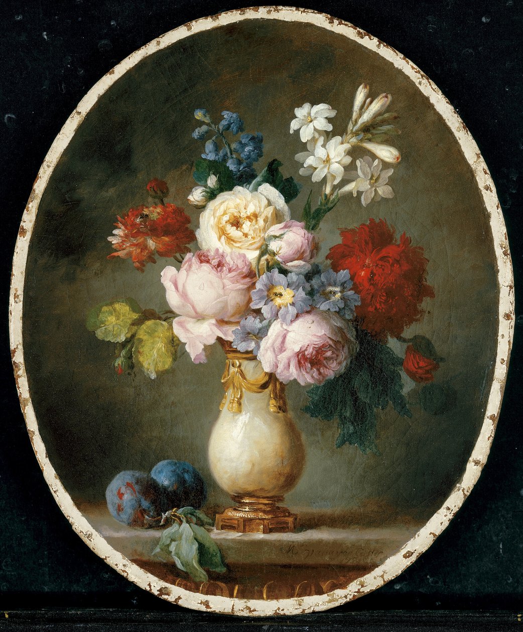Váza s květinami a dvěma švestkami na mramorové desce, 1781 od Anne Vallayer Coster