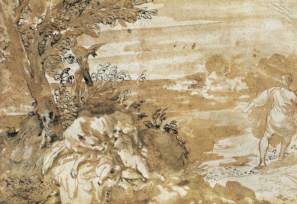 Krajina s vlčicí sající Romulus a Remus od Annibale Carracci