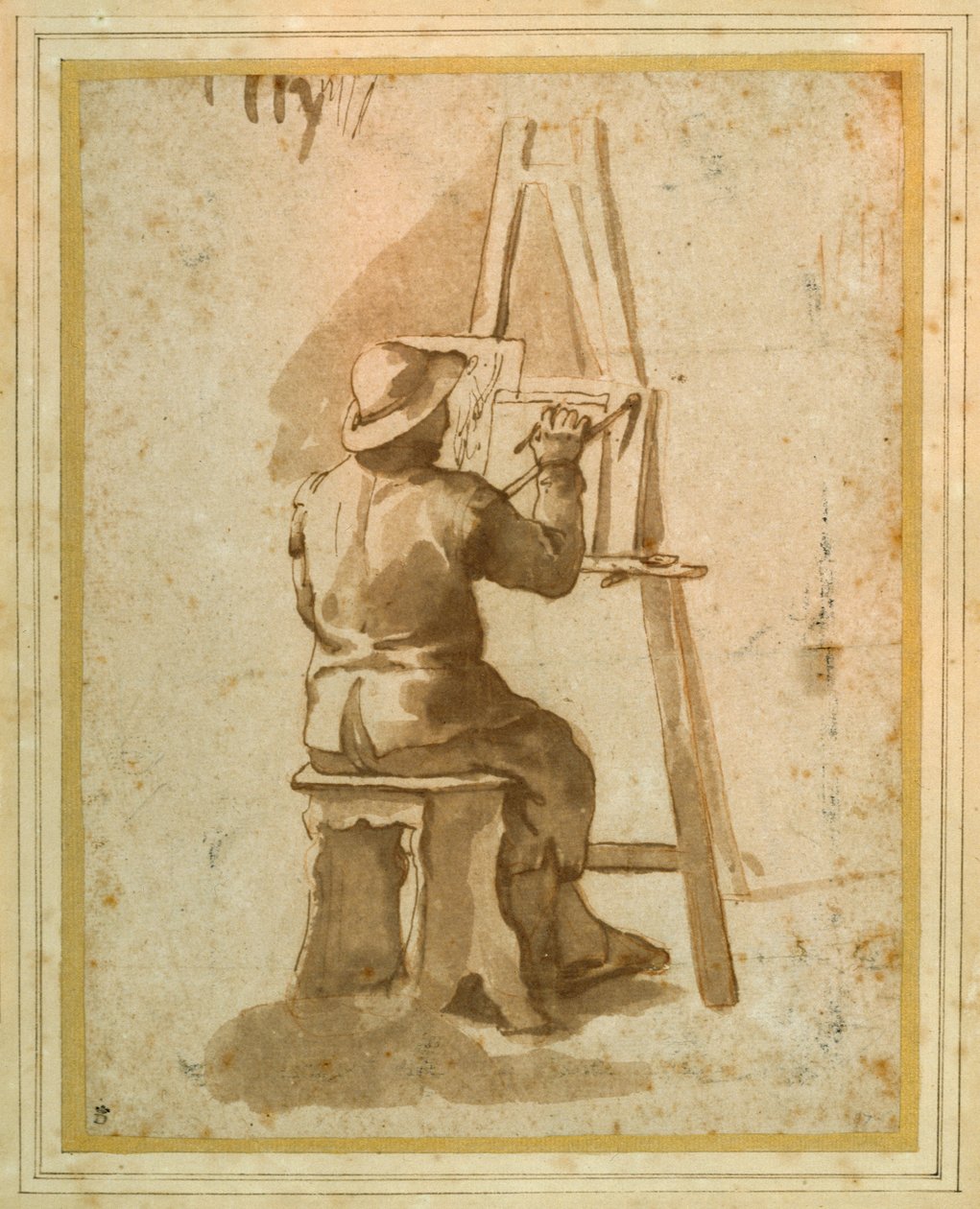 Mladý malíř sedící u svého stojanu (pero a inkoust s křídami na papíře) od Annibale (follower of) Carracci