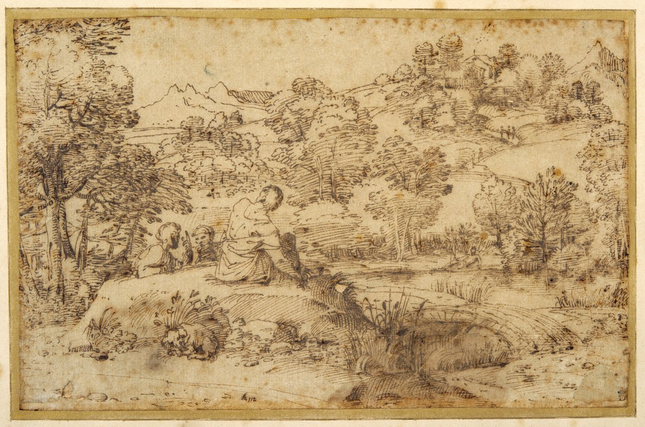 Krajina, v popředí tři odpočívající muži a spící pes, u potoka (pero a hnědý inkoust na papíře) od Annibale (follower of) Carracci