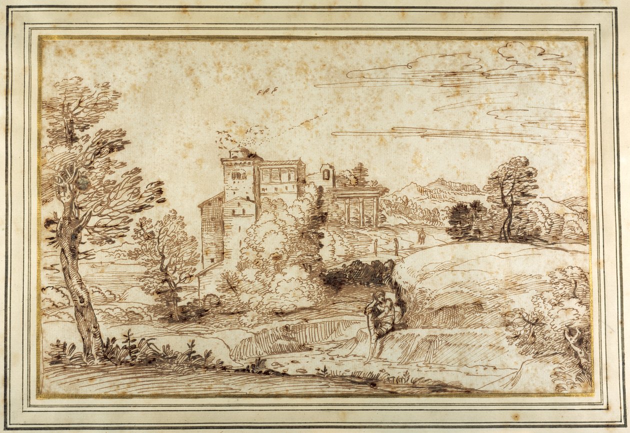 Krajina s hradem a zříceninou klasického portikusu (pero a hnědý inkoust na papíře) od Annibale (follower of) Carracci