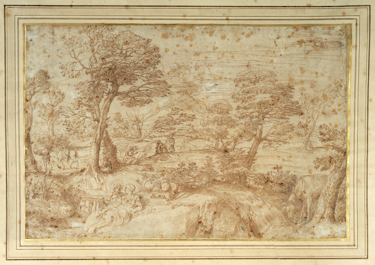 Krajina se zbytkem na útěku z Egypta, po Annibale Carracci (pero a hnědý inkoust na papíře) od Annibale (studio of) Carracci