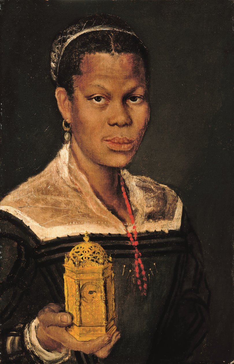 Portrét černošské dámy s poprsím, s korálovým náhrdelníkem a s ormolovými stolními hodinami v pravé ruce (olej na plátně) od Annibale (studio of) Carracci
