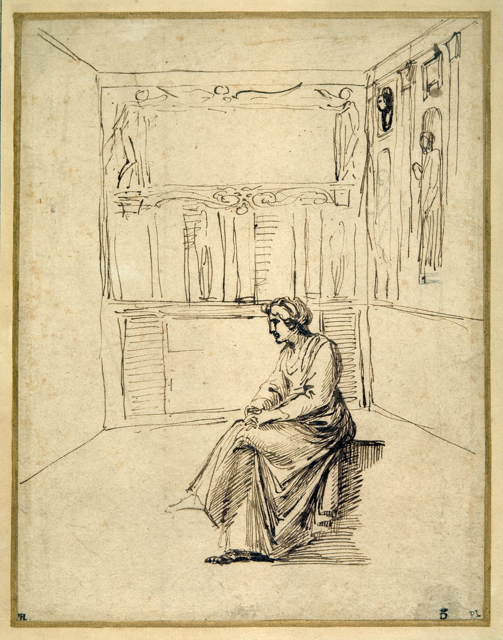 Žena sedící v místnosti (pero a hnědý inkoust na papíře) od Annibale Carracci