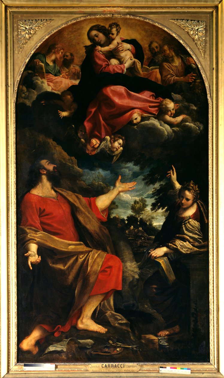 Zjevení Panny Marie svatému Lukášovi a svaté Kateřině Alexandrijské Obraz Annibale Carracci nebo Annibal Carrache (1560-1609). 1592. Ne. 2,26x4,01 m Paříž, musee du Louvre. od Annibale Carracci