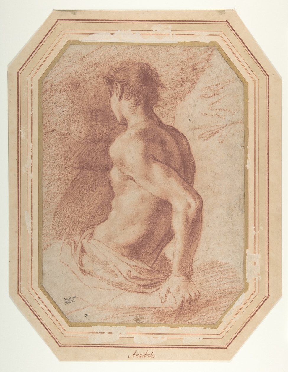 Pohled zezadu na sedícího nahého mladíka obráceného doleva od Annibale Carracci