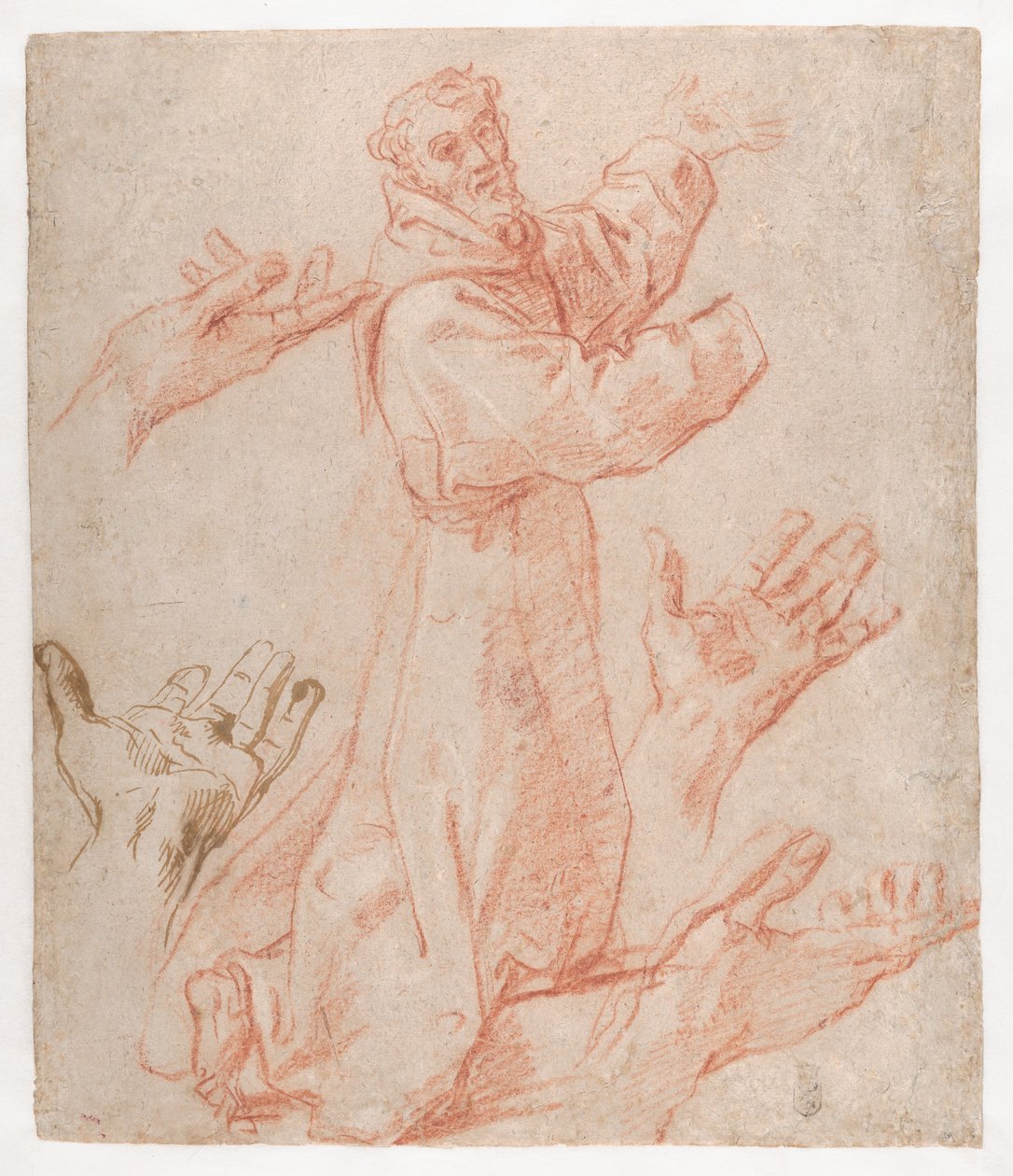 Carracci - Studie k postavě klečícího svatého Františka v pohledu ze tří čtvrtin a k jeho rukám (recto), 1583-85 od Annibale Carracci
