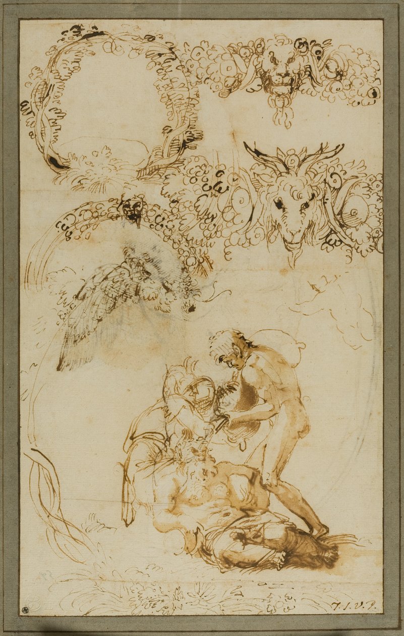 Opilý Silenus a dekorativní skici: (recto); Dvě bojující putti: (verso): Studie pro Galleria Farnese (verso). od Annibale Carracci