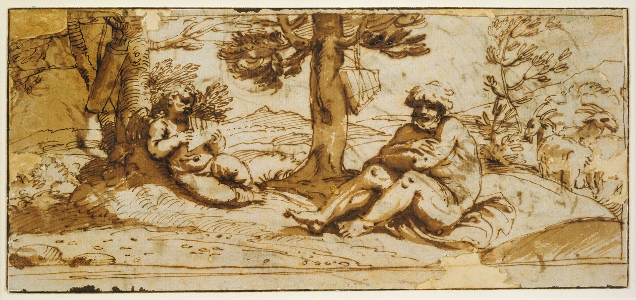 Flötenspielender Amor und Silenus in einer arkadischen Landschaft od Annibale Carracci