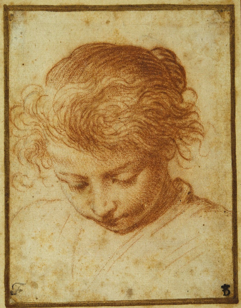 Hlava mladé dívky hledící dolů (červená křída na krémovém papíře) od Annibale Carracci