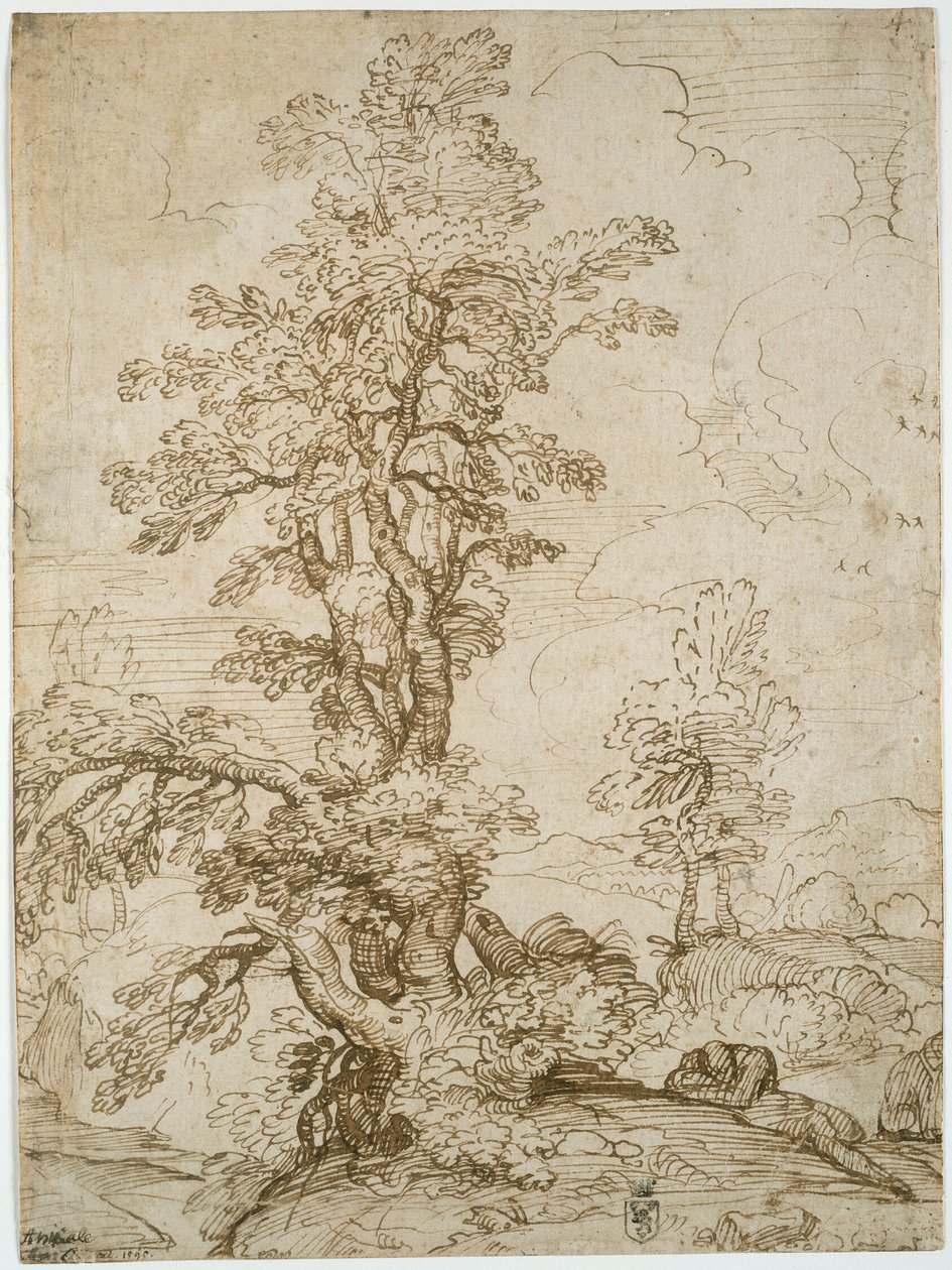 Krajina s mužem spícím pod stromem (recto); krajina s jezdcem (verso) od Annibale Carracci
