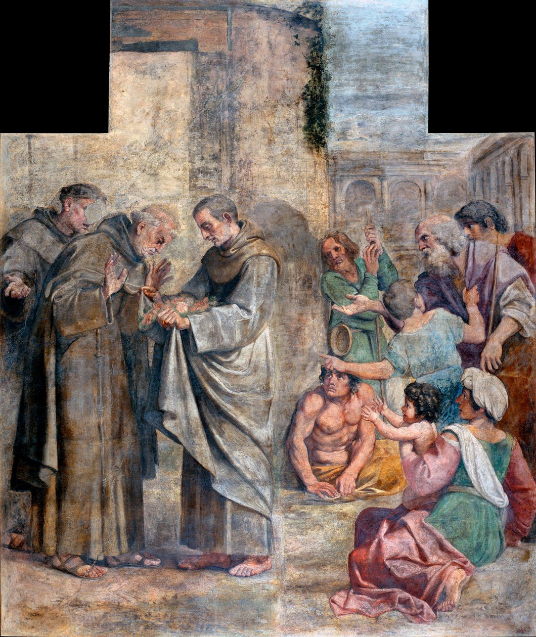 Zázrak růží - obviněný z krádeže jídla, španělský františkánský mnich Saint Diego z Alcaly (1400-1463) zjišťuje, že potraviny skryté v jeho zvyku, aby je dával chudým, se proměnily v růže - Obraz Annibale Carracci (An od Annibale Carracci