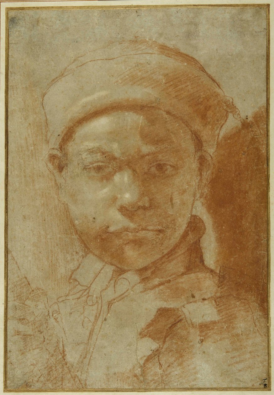 Portrét mladíka, po poprsí, s kulatou čepicí (červená křída na šedém papíře) od Annibale Carracci