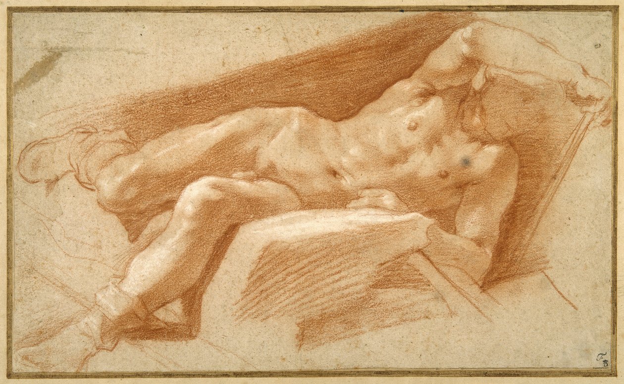 Ležící mladík pózoval nahý, kromě hadice stažené až ke kotníkům (červená křída na papíře) od Annibale Carracci