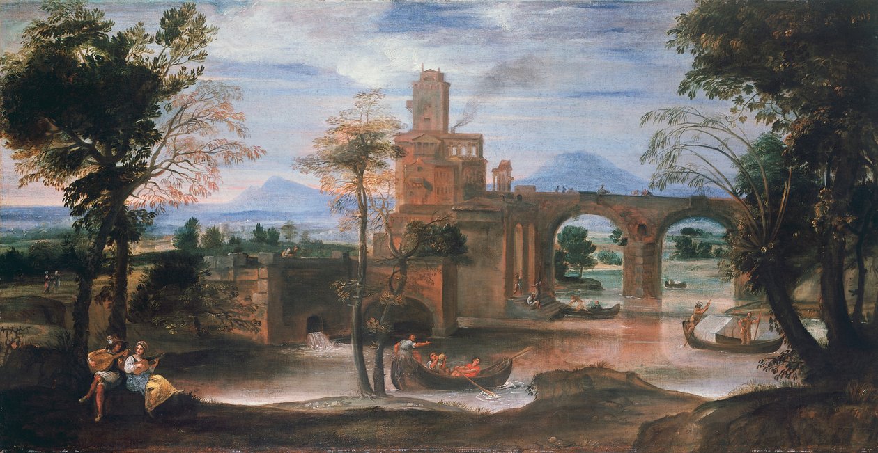 Říční krajina s hradem a mostem, cca 1598 (olej na plátně) od Annibale Carracci