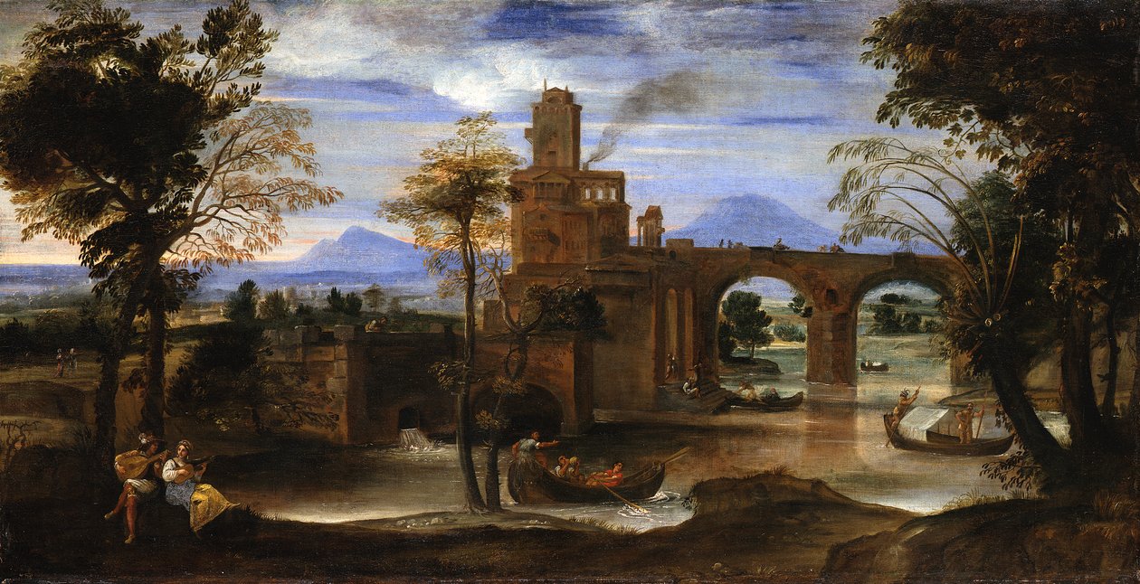 Římská říční krajina s hradem a mostem od Annibale Carracci