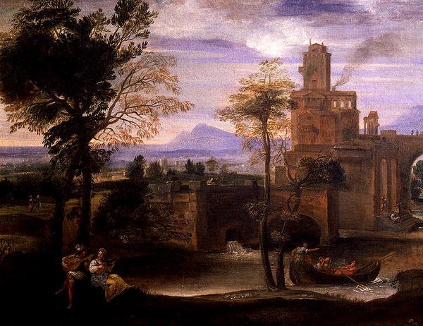 Římská krajina s mostem (olej na plátně) (detail 186429) od Annibale Carracci