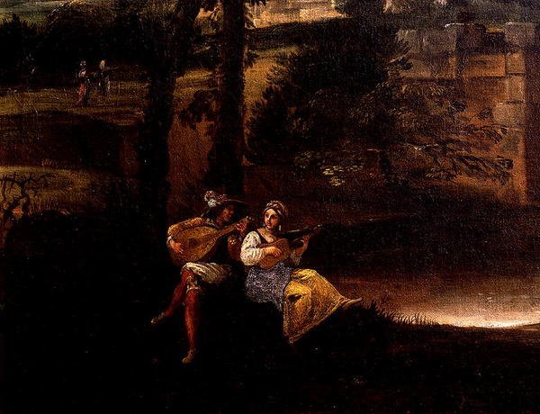 Římská krajina s mostem (olej na plátně) (detail 186429 a 186430) od Annibale Carracci