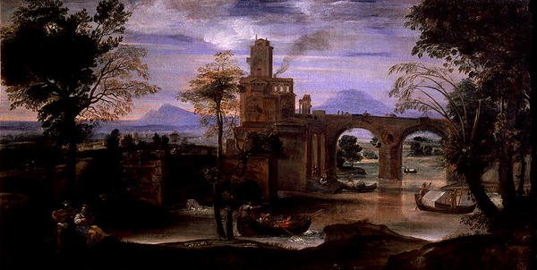 Římská krajina s mostem (olej na plátně) (viz také 186430 & 186431) od Annibale Carracci