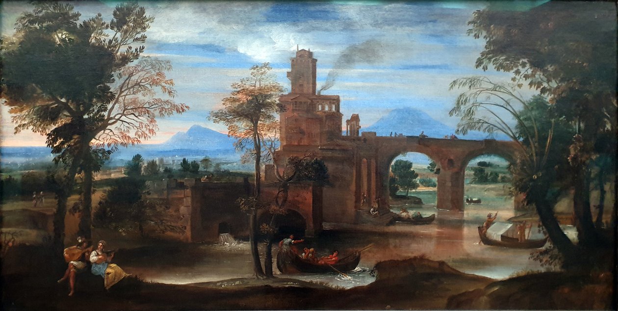 Římská říční krajina s pevností a mostem od Annibale Carracci