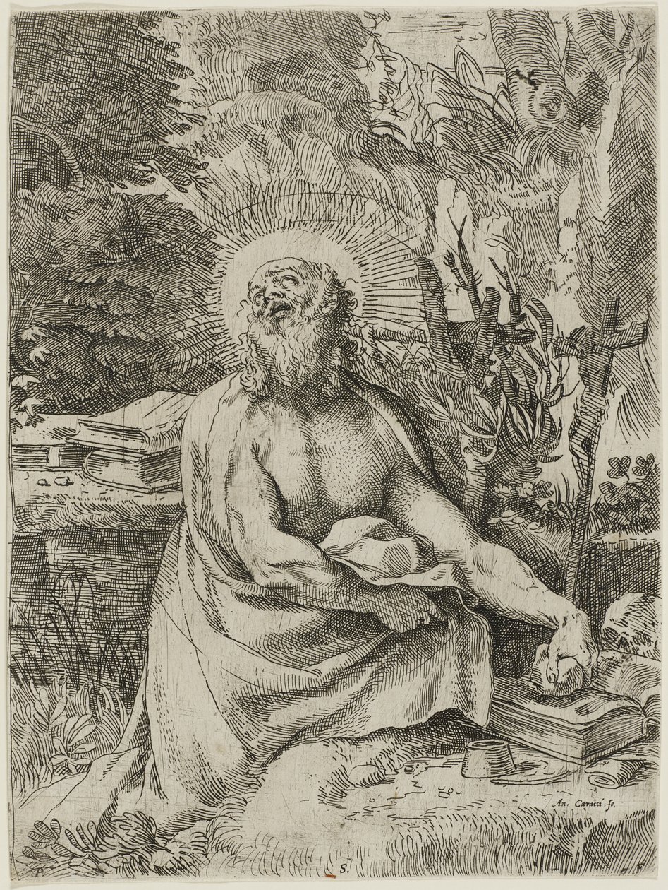 Svatý Jeroným v divočině, kolem 1591 (lept s rytinou na položený papír, iiiiv) od Annibale Carracci