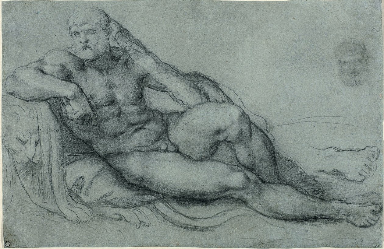Studie odpočívajícího Herkula s oddělenými studiemi jeho hlavy a nohou (recto); obdélníková mřížka (verso) od Annibale Carracci