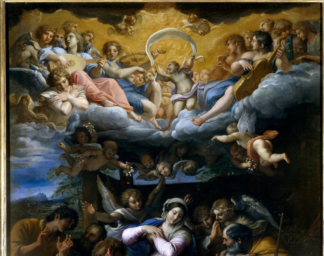 Detail Klanění pastýřů představující koncert nebeských andělů zpívajících slávu Boží. Obraz Annibale Carracci nebo Annibal Carrache (1560-1609). 1597. Orleans, Muzeum výtvarných umění. od Annibale Carracci