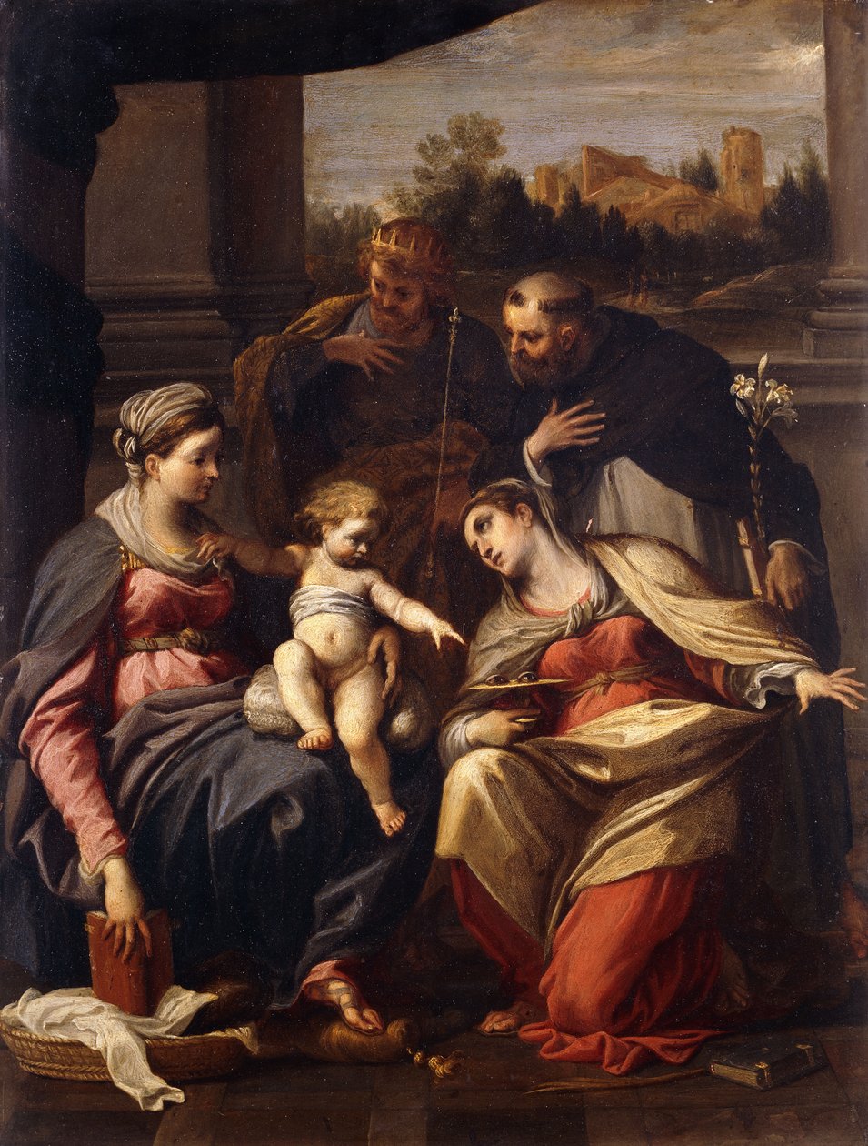 Madona s dítětem se svatými Lucií, Dominikem a Ludvíkem Francouzským, krajina s městem skrz okenní křídlo za ním, od Annibale Carracci