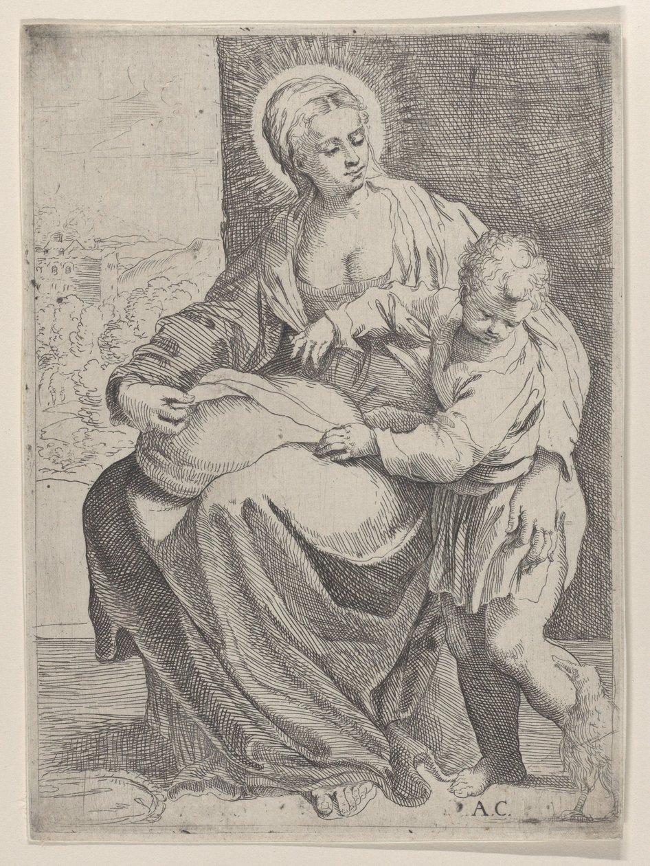 Sedící Panna držící polštář na klíně s mladým Kristem stojícím vpravo..., 1580-1600. od Annibale Carracci